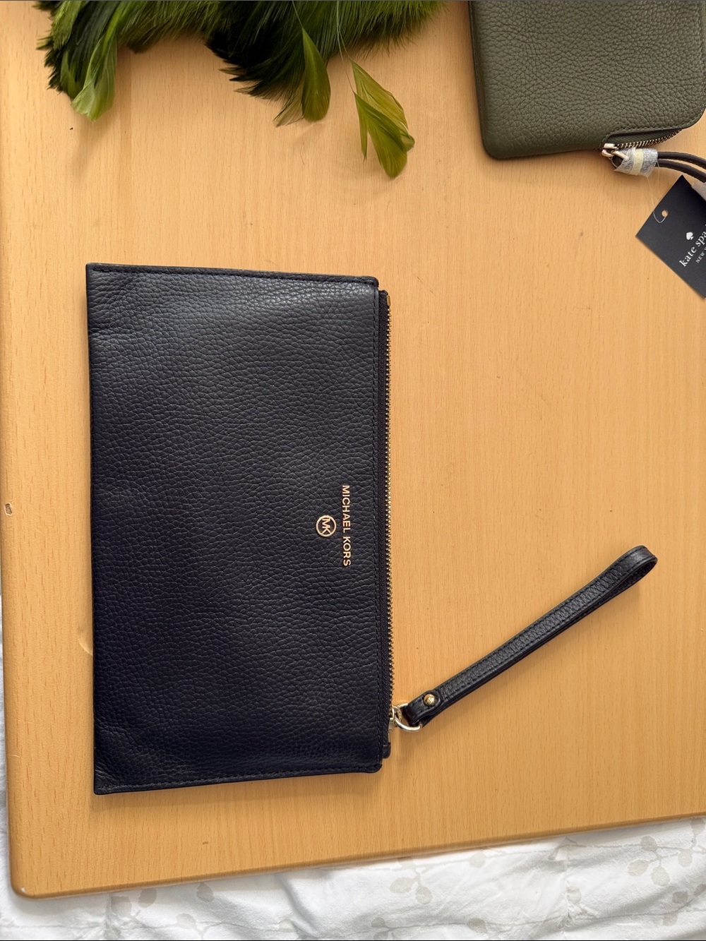 Michael Kors Black Pebbled Leather Wristlet with Gold Logo